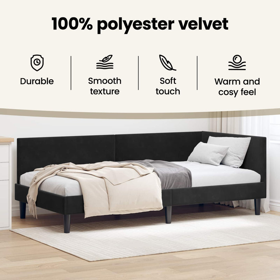 Corner Bed Frame Black 90 x 190 cm Velvet