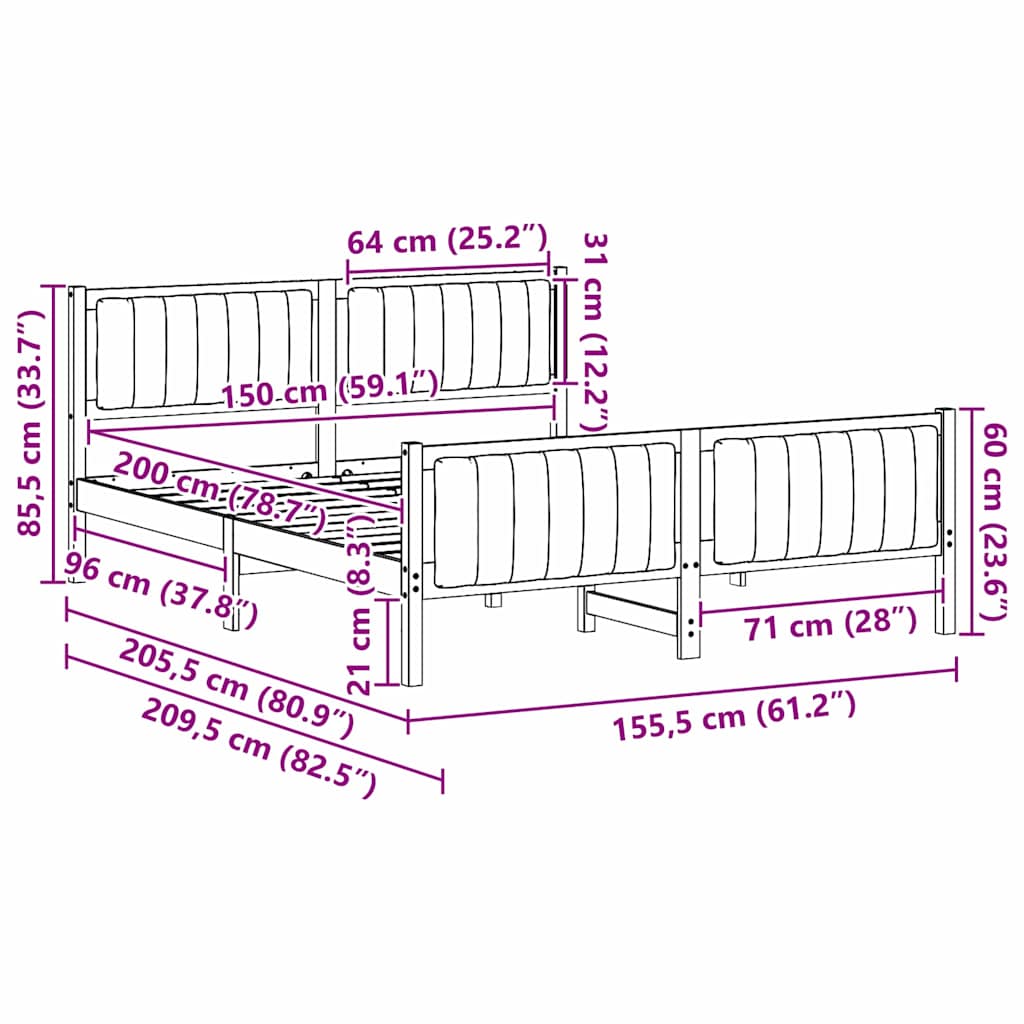 Bed frame Brown and dark grey 150 x 200 cm Solid pine wood