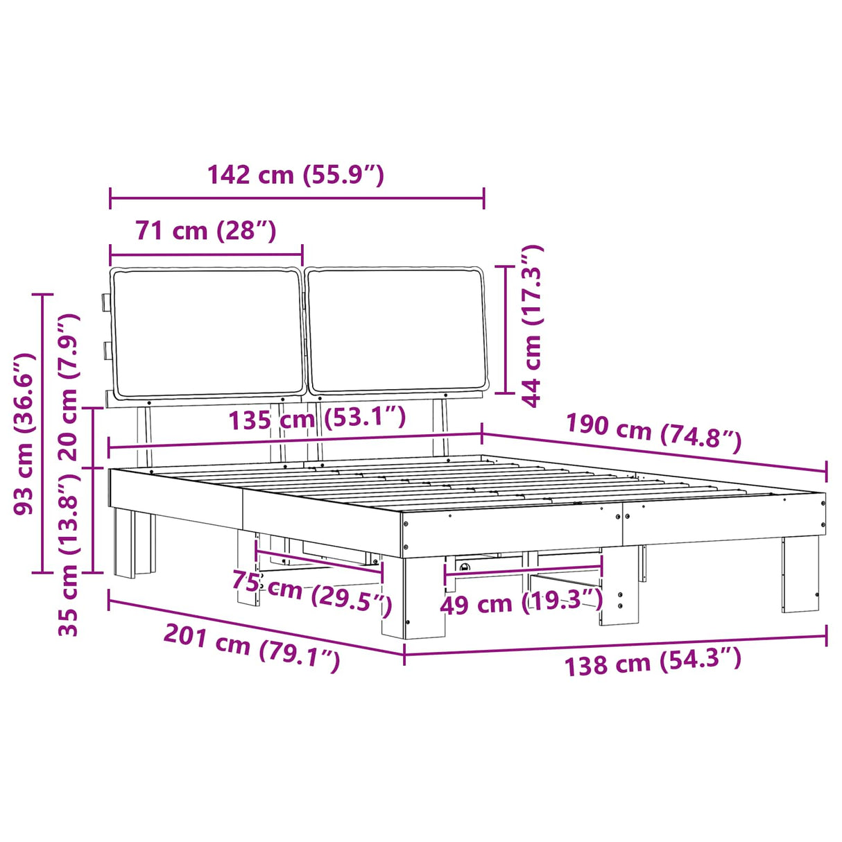 Bed Frame with Upholstered Headboard Dark Grey 135 x 190 cm