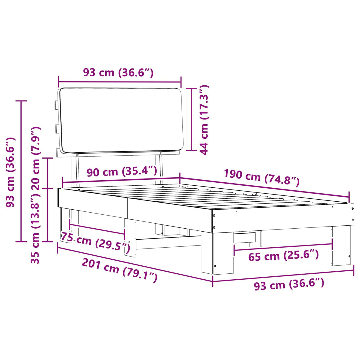Bed Frame with Upholstered Headboard Dark Grey 90 x 190 cm