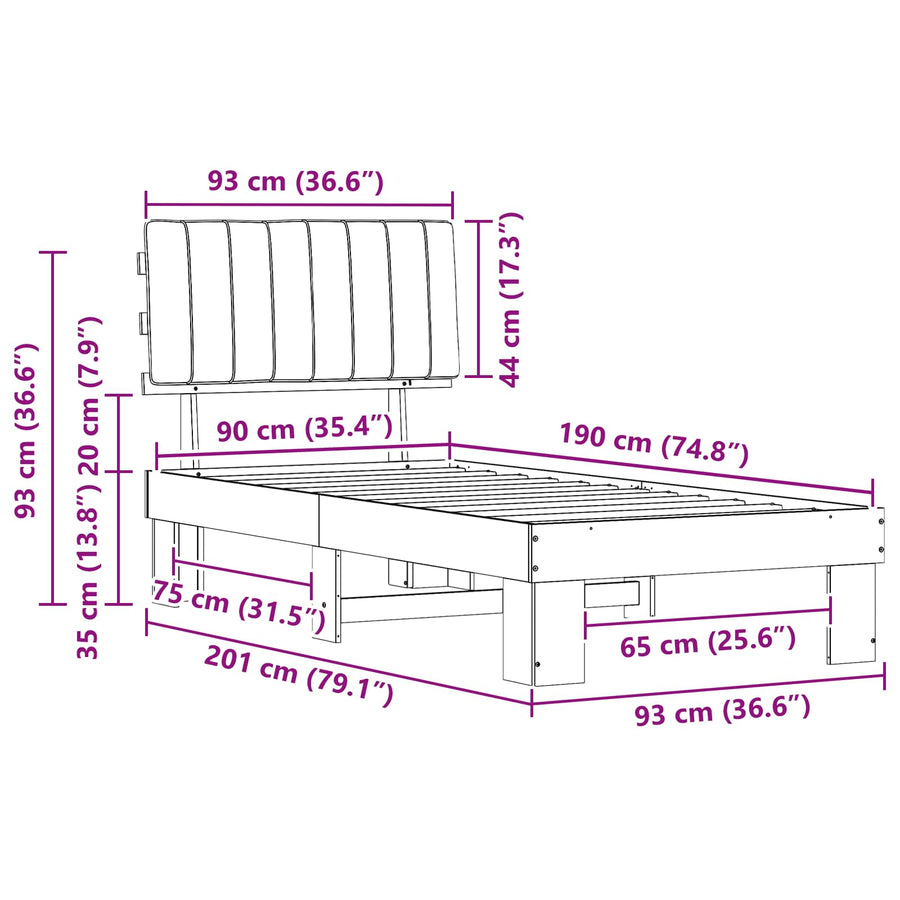 Bed Frame with Upholstered Headboard Dark Grey 90 x 190 cm