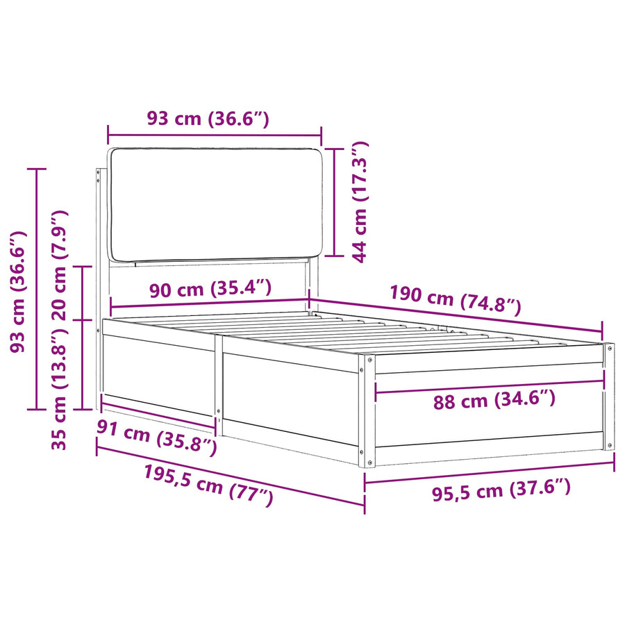 Bed Frame with Upholstered Headboard Dark Grey 90 x 190 cm