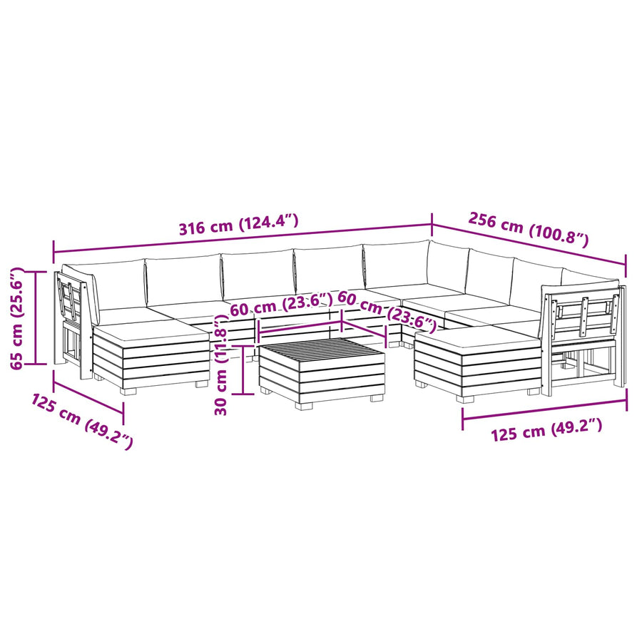 11 pcs Outdoor Sofa Set Solid Acacia Wood Brown