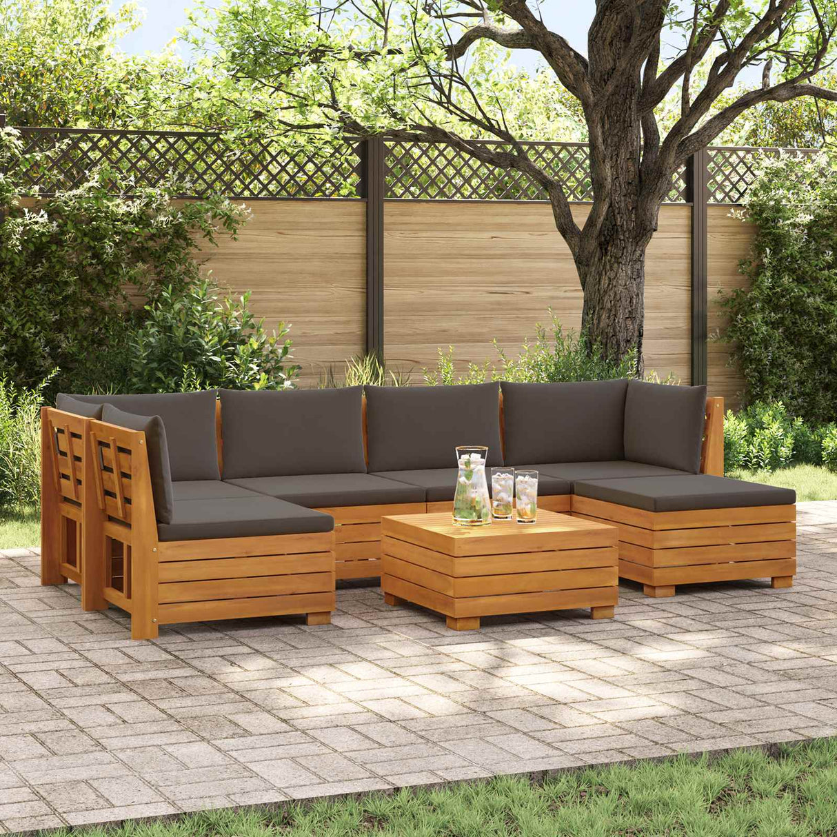Outdoor Sofa Set with Cushion 7 Piece Brown Solid Acacia Wood