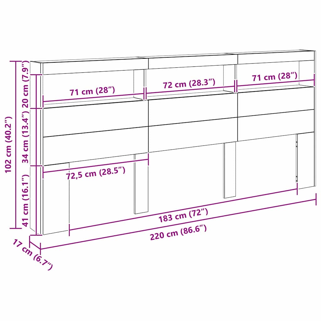 Headboard Black Oak 220 x 17 x 102 cm Engineered Wood
