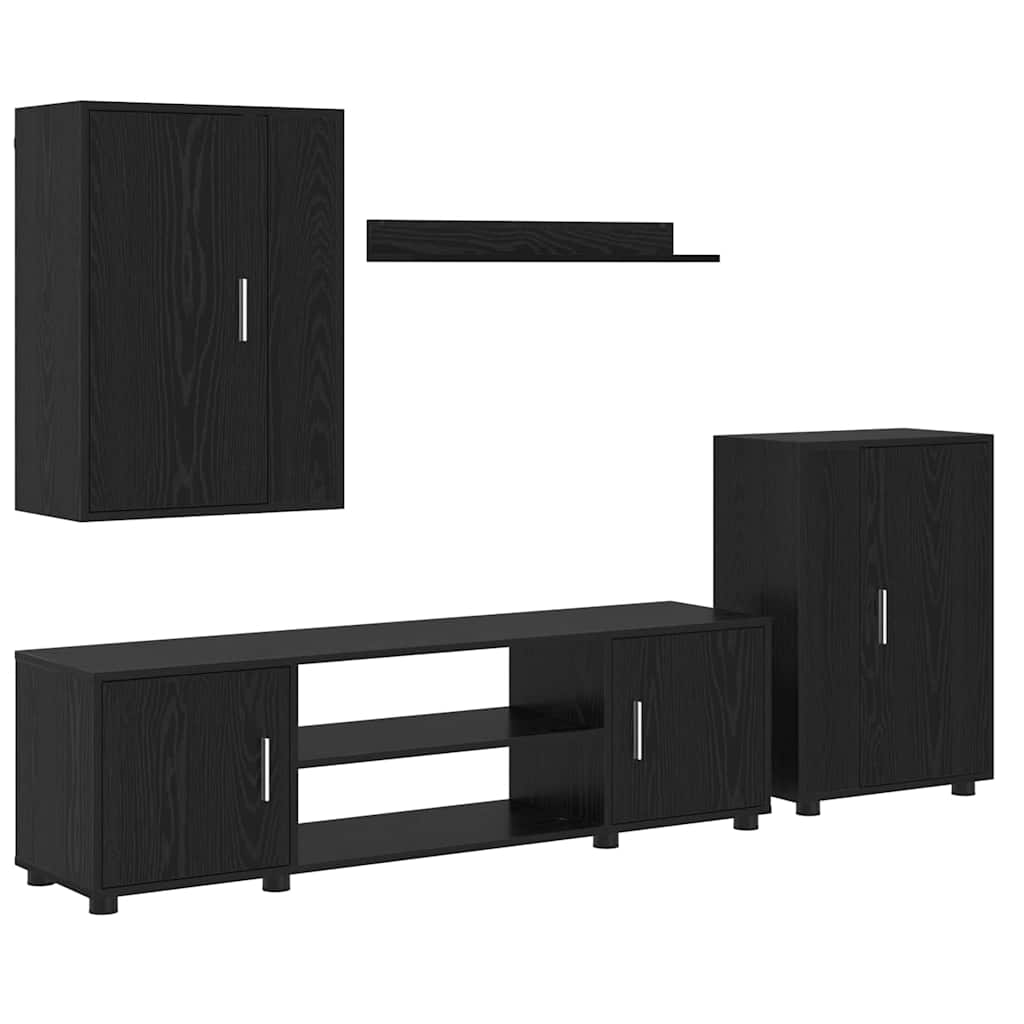 4 Piece TV Cabinet Set Wall-mounted Black oak Engineered wood