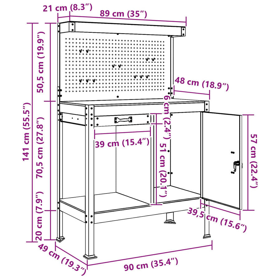 Workbench Black 90 x 49 x 141 cm Engineered Wood and Metal