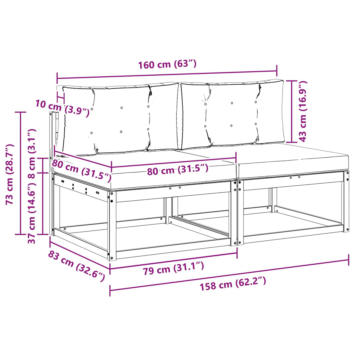 Outdoor Middle Sofa with Cushion 2 Piece Natural