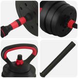 4-in-1 Dumbbell Barbell Kettlebell Set 20 kg Black and Red - Low Angle