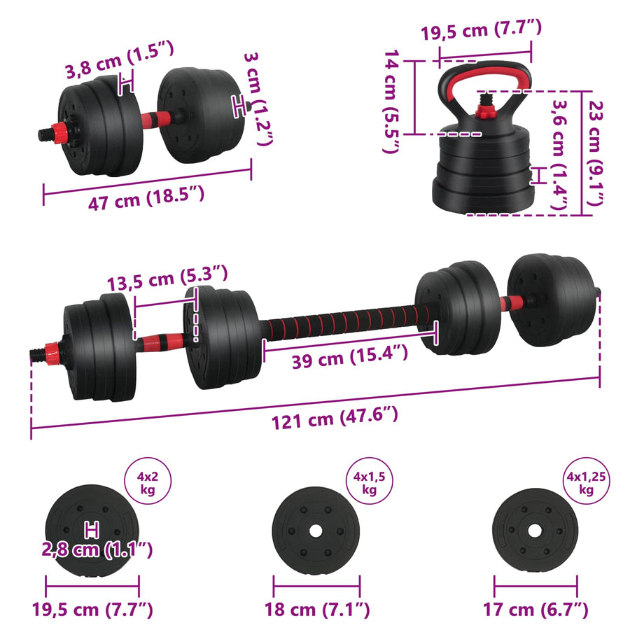 4-in-1 Dumbbell Barbell Kettlebell Set 20 kg Black and Red