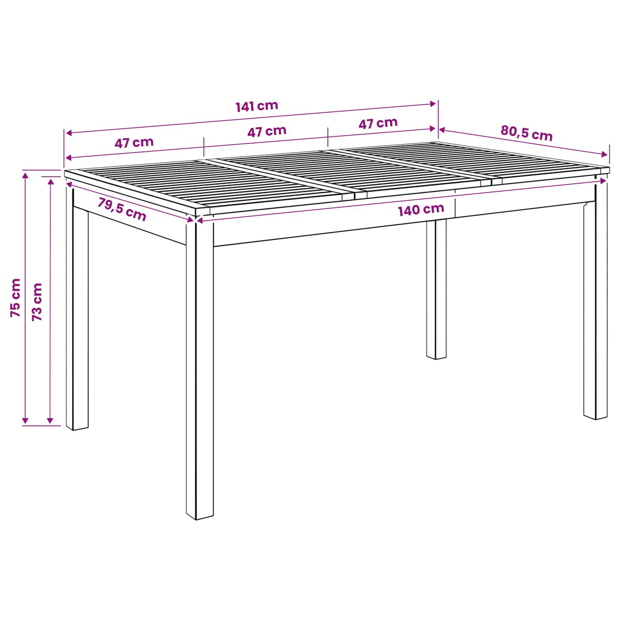 Garden Dinner Table Natural 141 x 80.5 x 75 cm