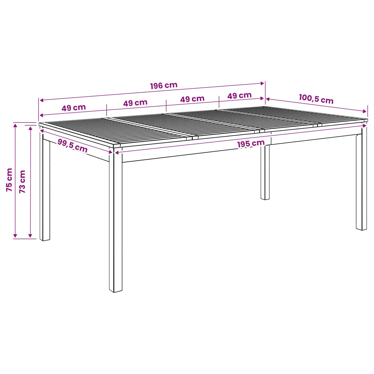 Garden Dinner Table Natural 196 x 100.5 x 75 cm