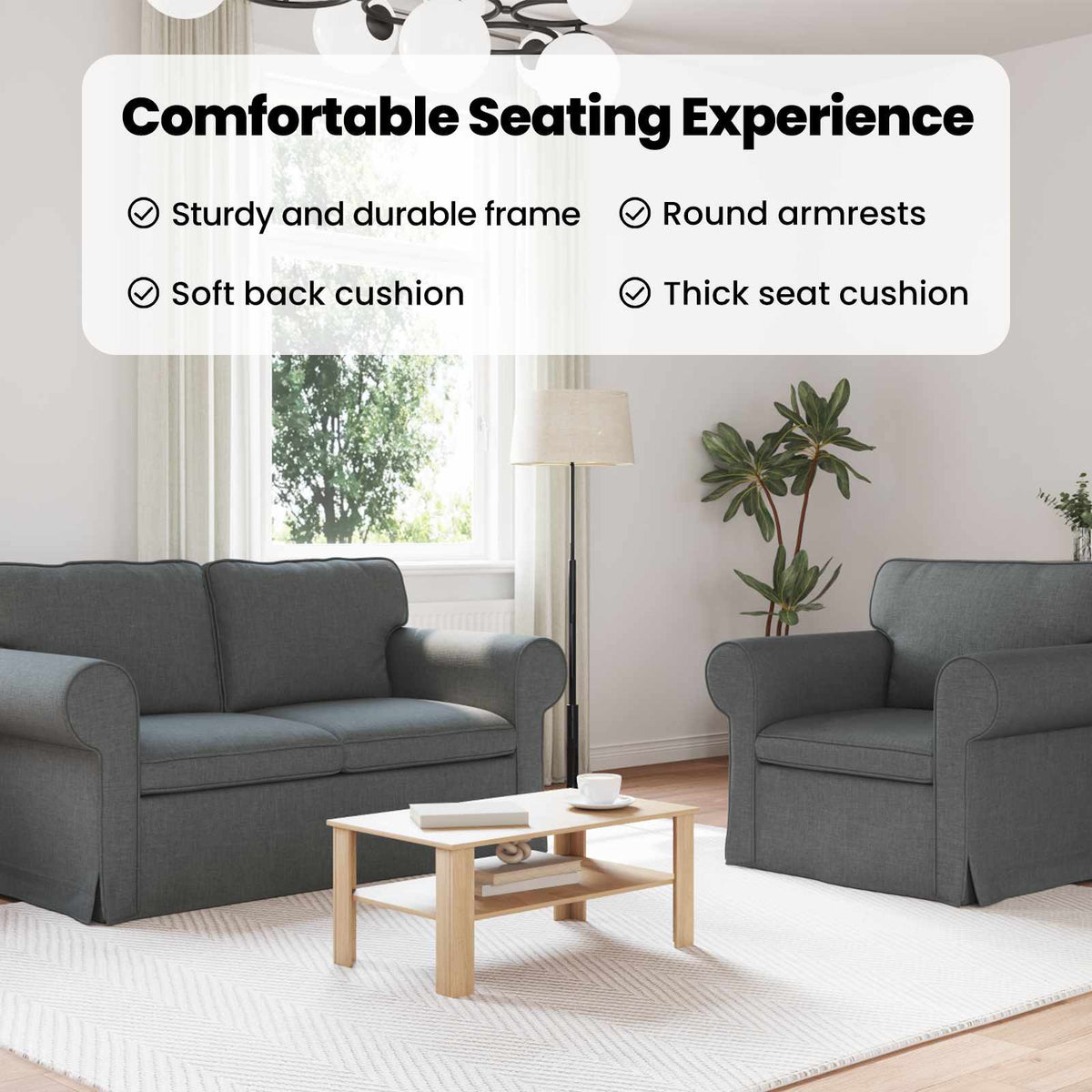 Sofa Set 2 pcs Dark Grey Fabric