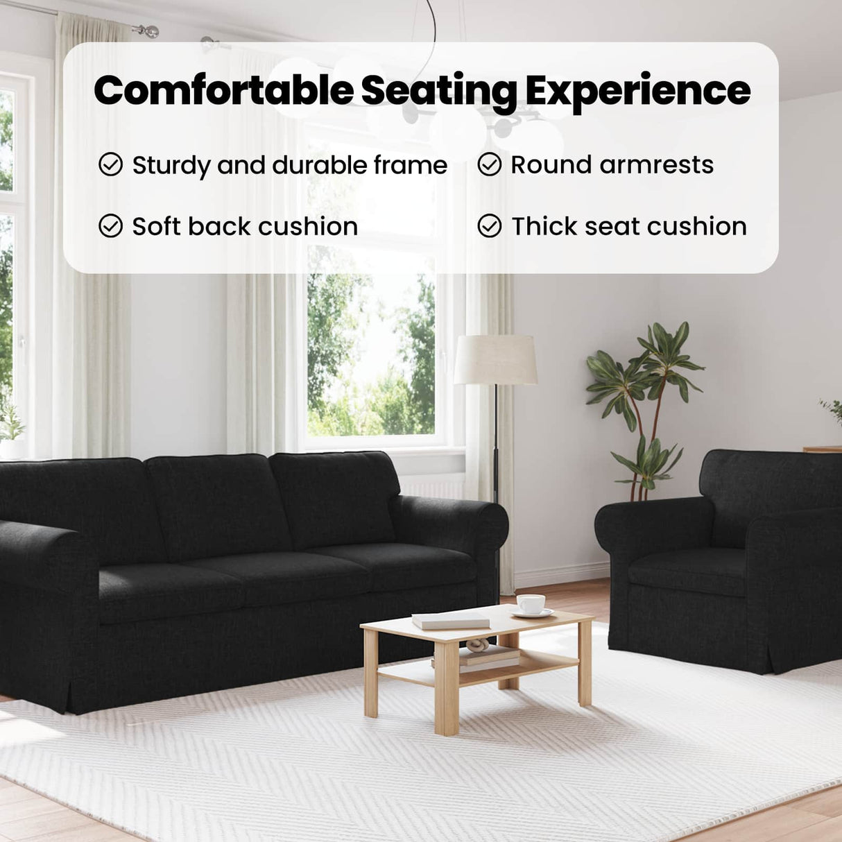 Sofa Set 2 pcs Black 215 x 82 x 80 cm Fabric