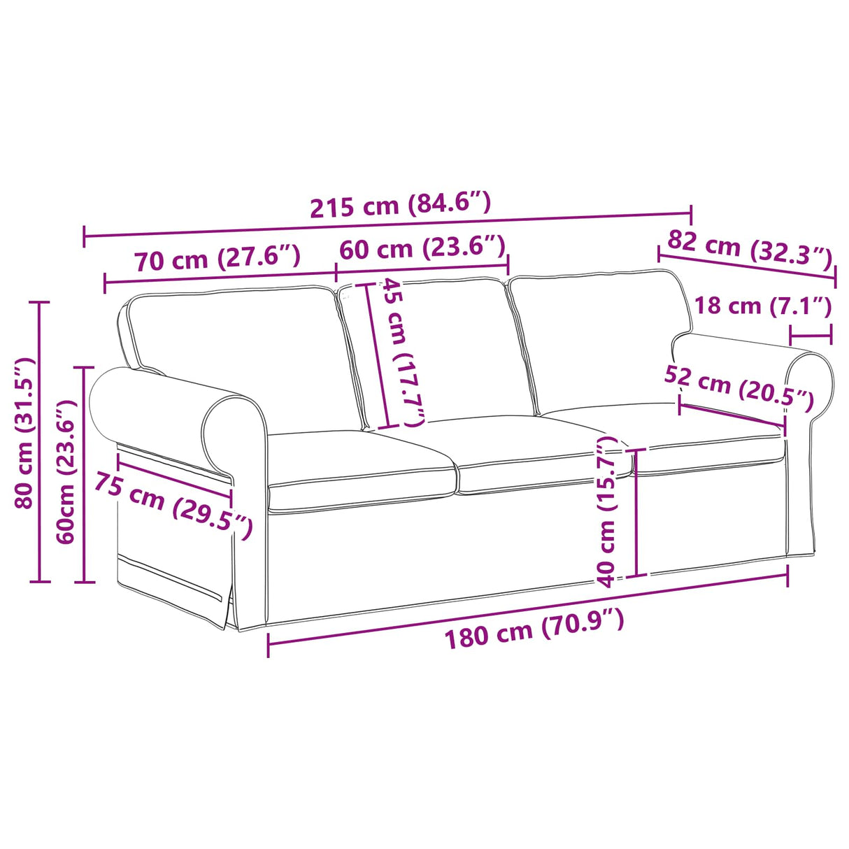 Sofa Dark Grey 215 x 82 x 80 cm Fabric