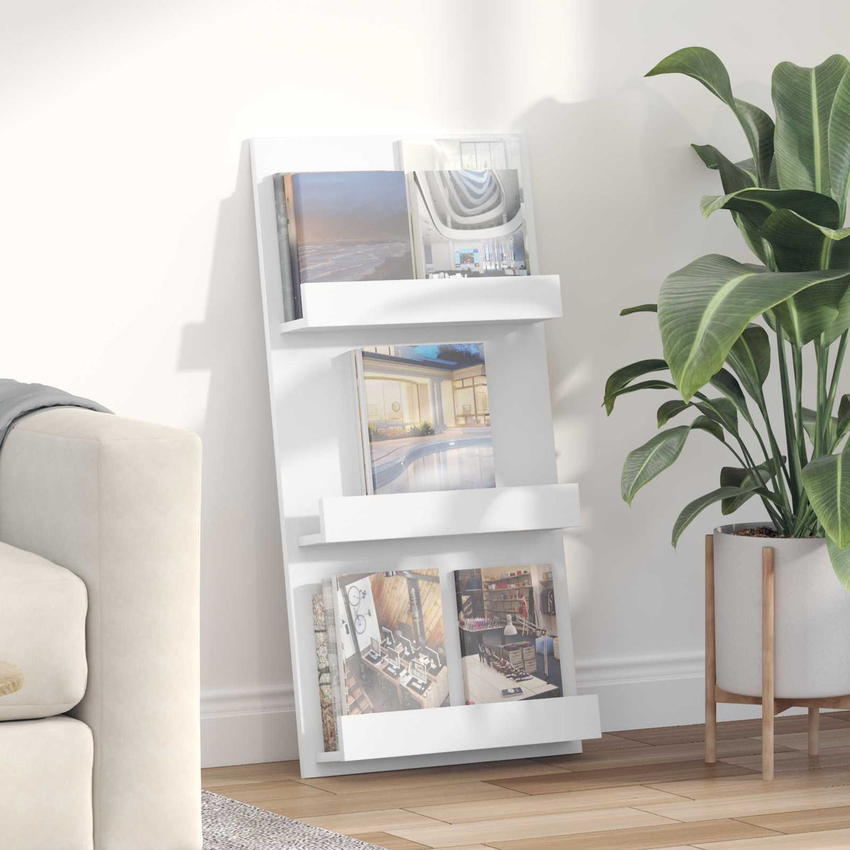 Magazine Rack with Shelf White 51 x 11 x 102 cm Engineered Wood