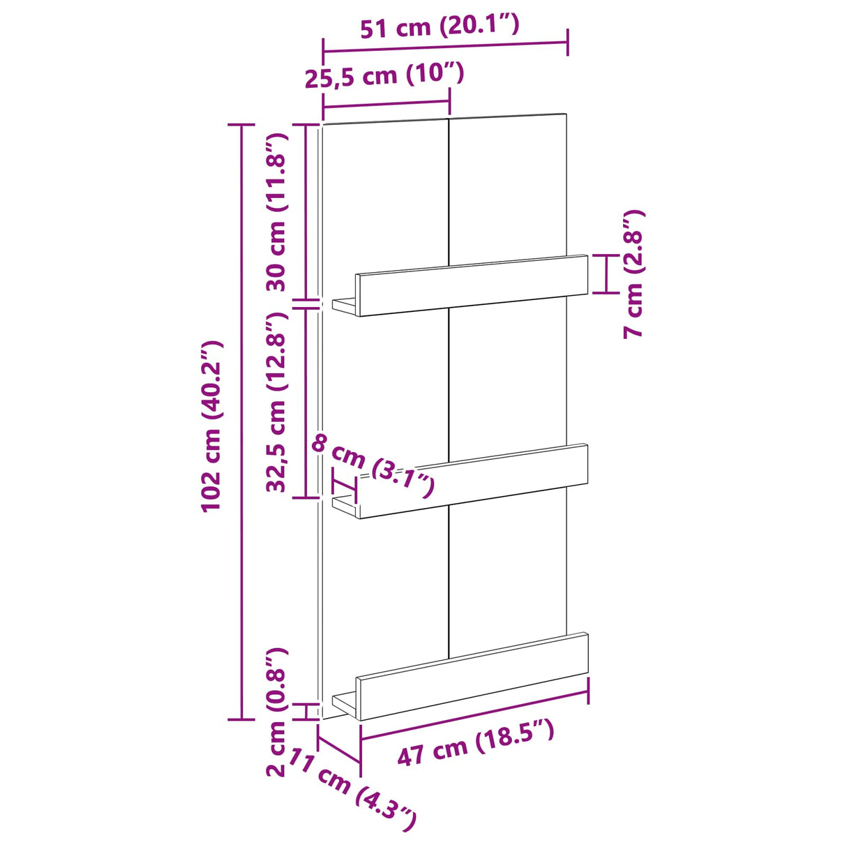 Magazine Rack with Shelf White 51 x 11 x 102 cm Engineered Wood