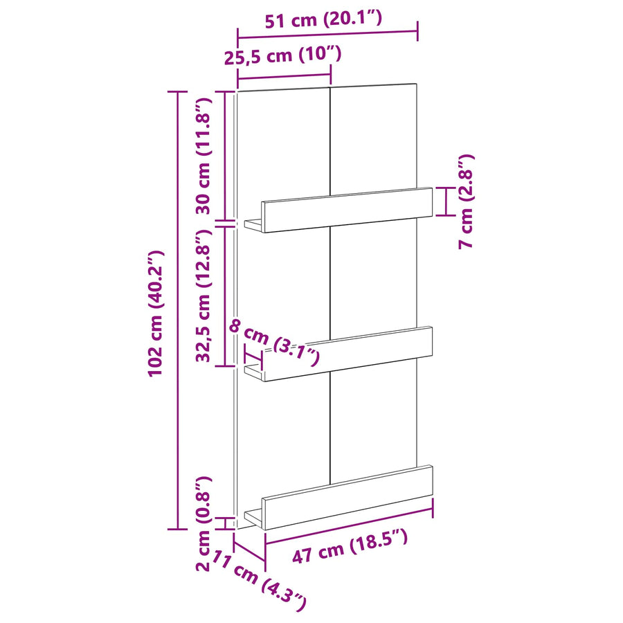 Magazine Rack with Shelf White 51 x 11 x 102 cm Engineered Wood