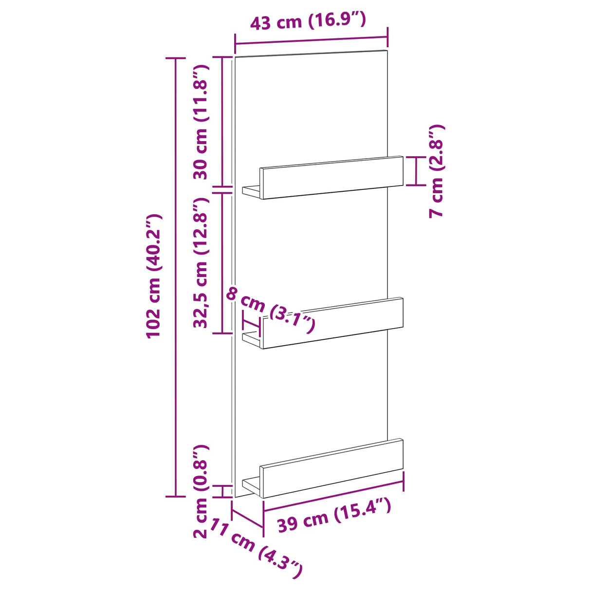 Magazine Rack with Shelf White 43 x 11 x 102 cm Engineered Wood