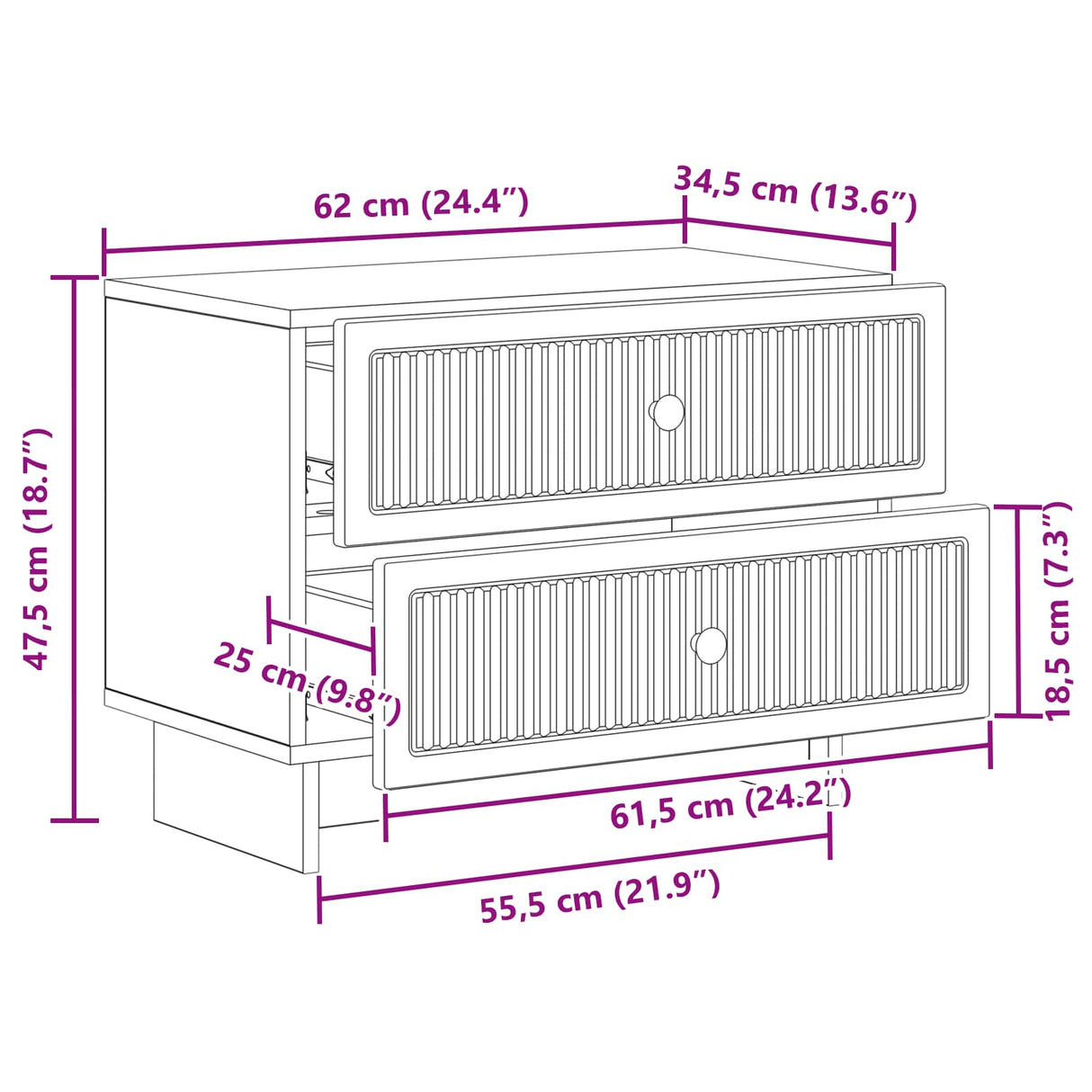 Bedside Cabinet White 62 x 34.5 x 47.5 cm Engineered Wood