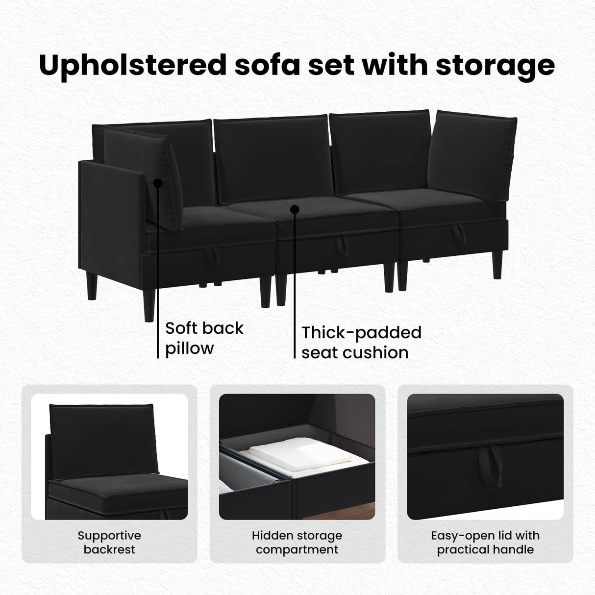 Living Room Furniture Set with Cushion 3 pcs Black Velvet
