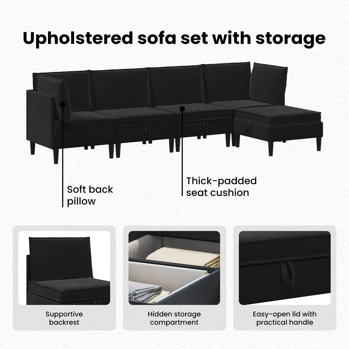 Living Room Furniture Set with Cushion 6 pcs Black Velvet