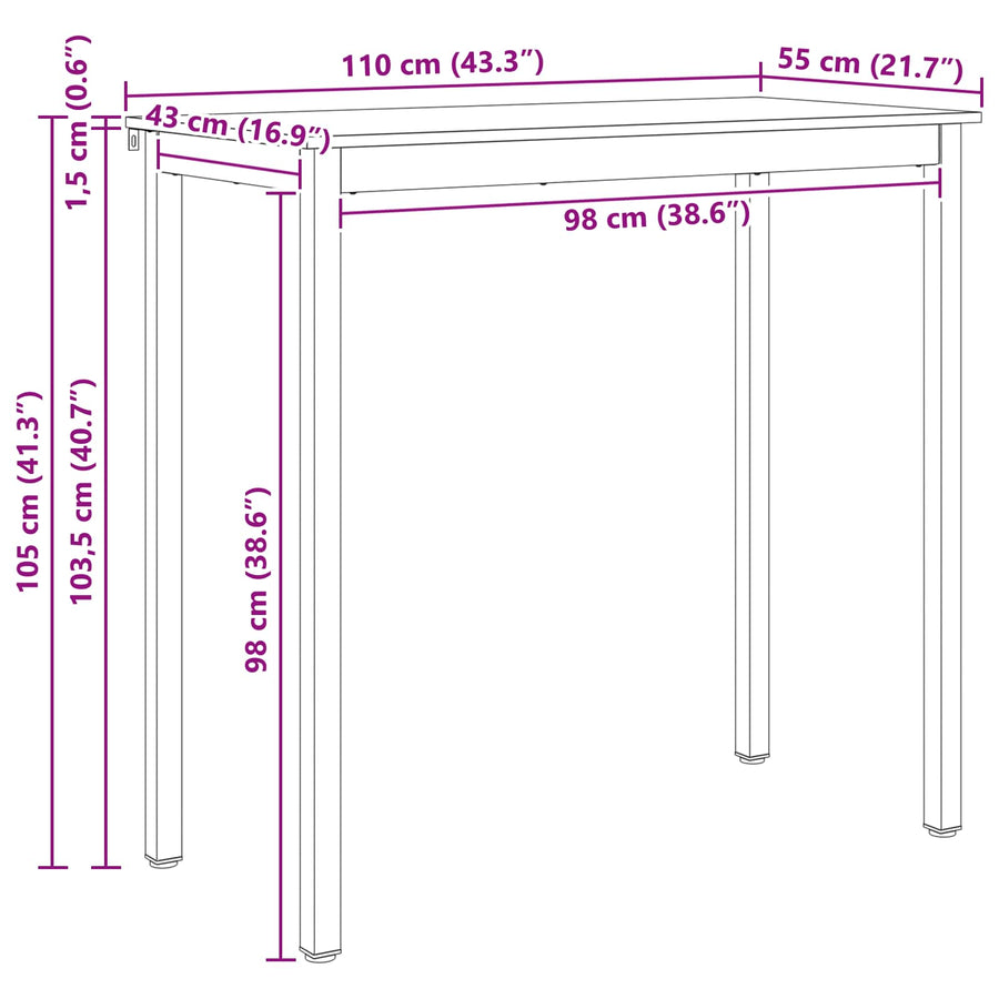 Bar Table 110 x 55 x 105 cm Solid Pine Wood Natural Rectangular