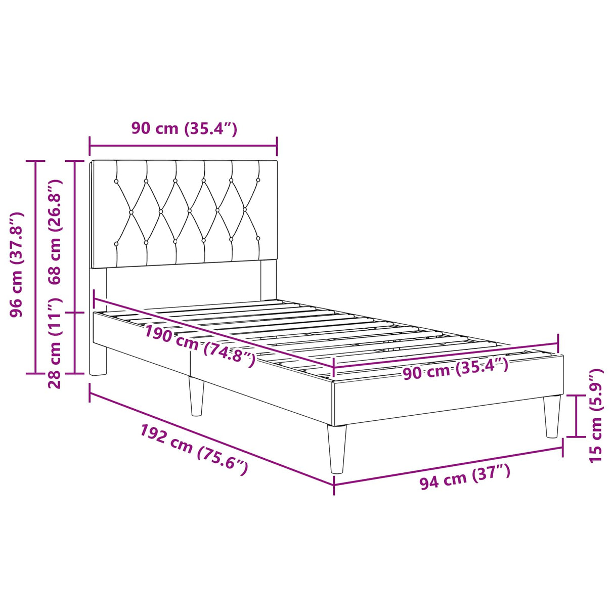 Bed Frame with Headboard Dark Grey 90 x 190 cm Velvet
