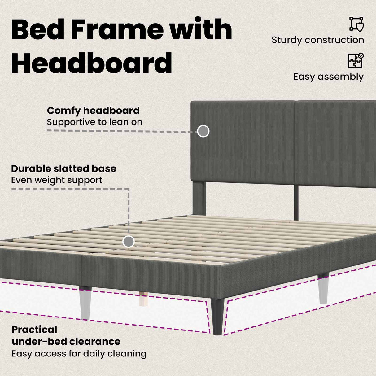 Bed Frame with Headboard Dark Grey 153 x 203 cm Corduroy Fabric
