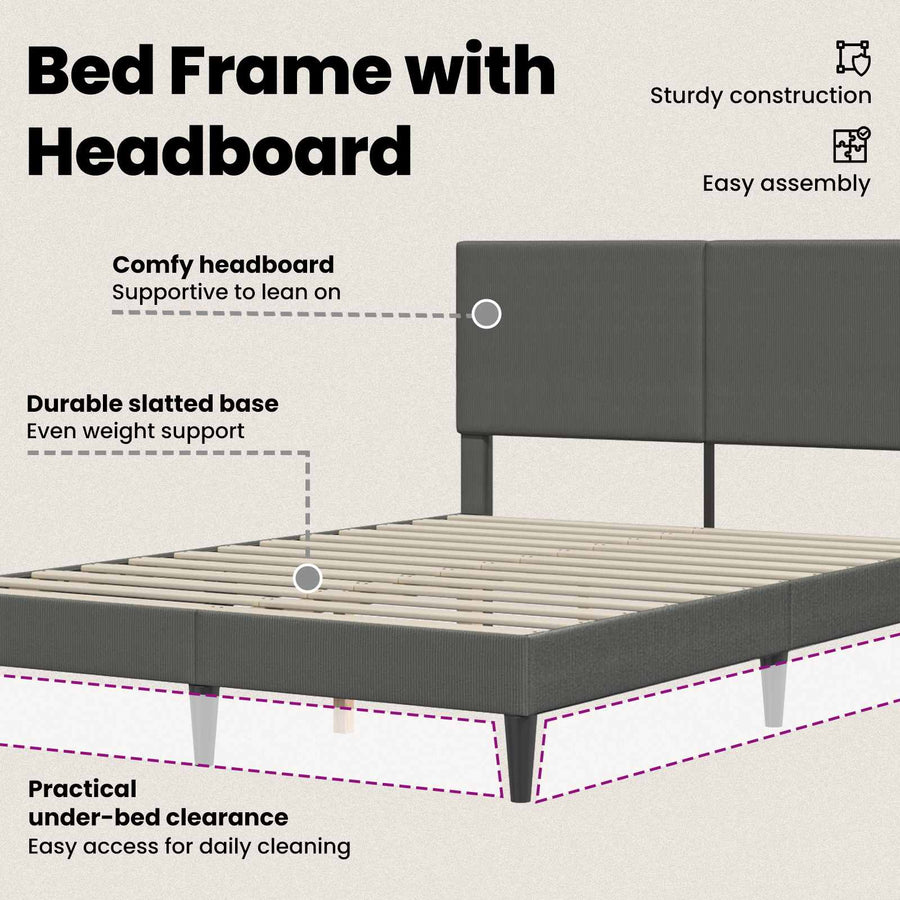 Bed Frame with Headboard Dark Grey 153 x 203 cm Corduroy Fabric