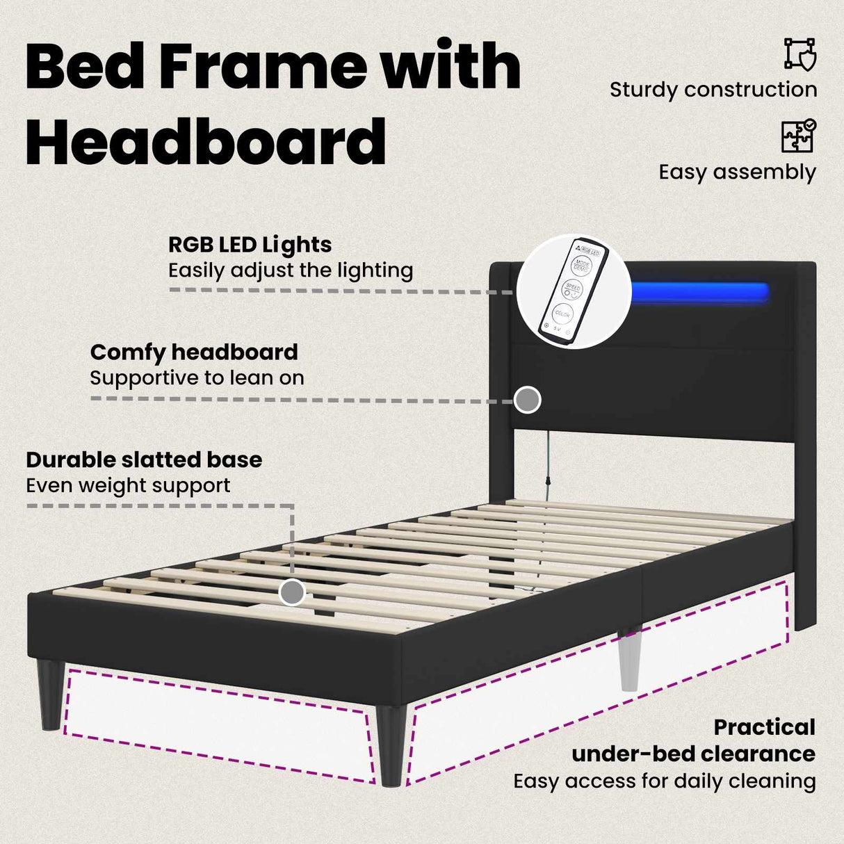 Bed Frame with LED Strip Lights Black 90 x 190 cm Faux Leather