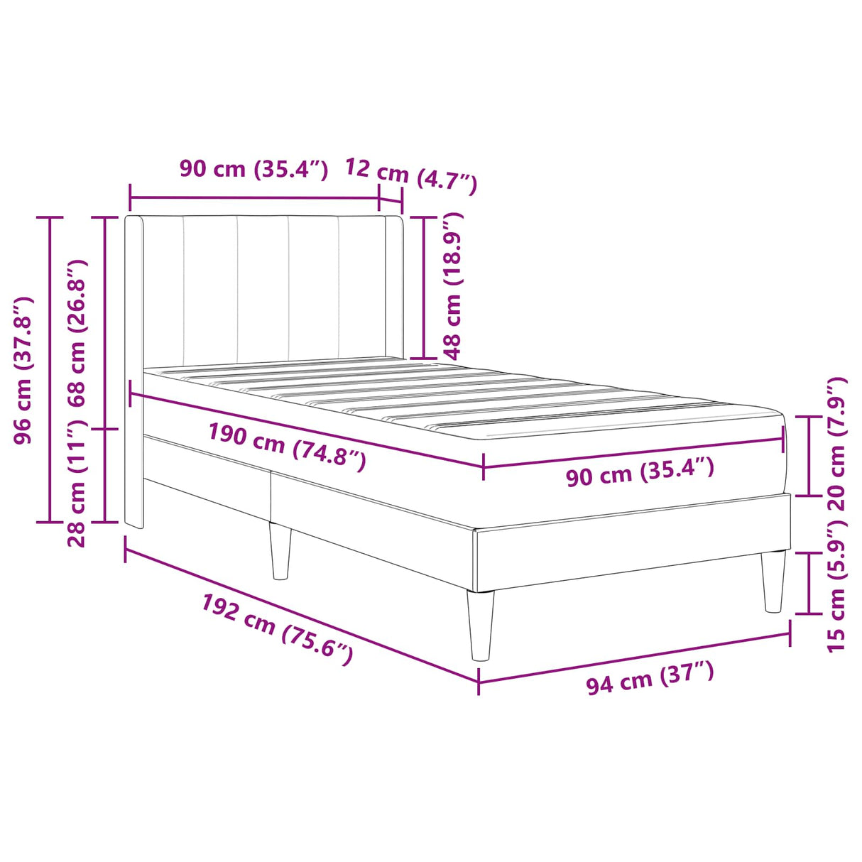 Bed Frame with Mattress Dark Grey 90 x 190 cm Velvet