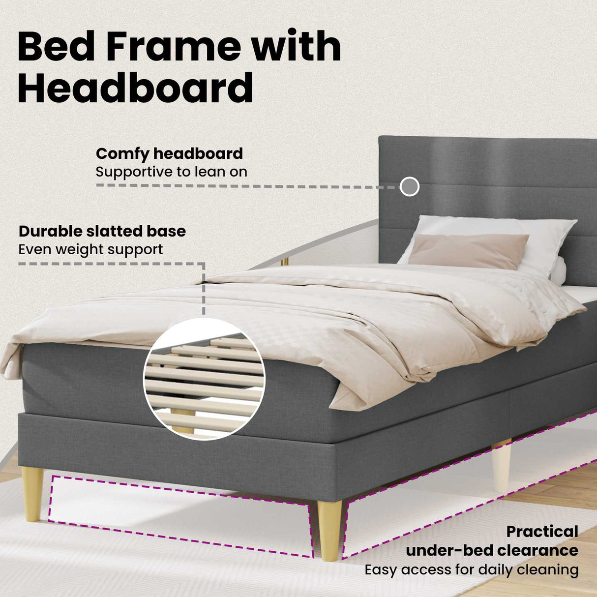 Bed Frame with Mattress Dark Grey 90 x 190 cm Fabric