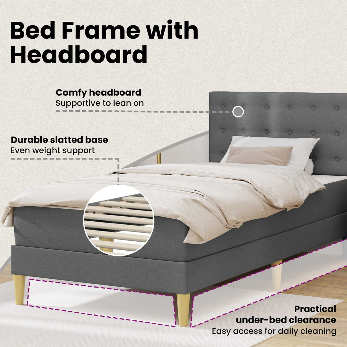 Bed Frame with Mattress Dark Grey 90 x 190 cm Fabric