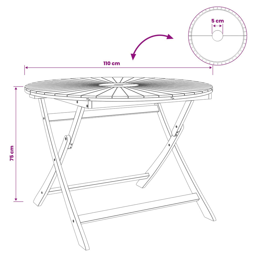 Folding Garden Table Natural Ø110 x 75 cm Solid Acacia Wood