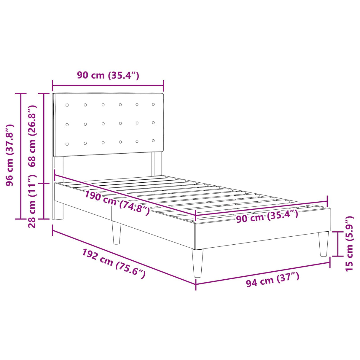 Bed Frame with Headboard Dark Grey 90 x 190 cm Fabric