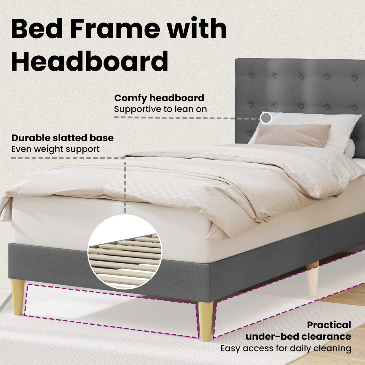 Bed Frame with Headboard Dark Grey 107 x 203 cm Fabric