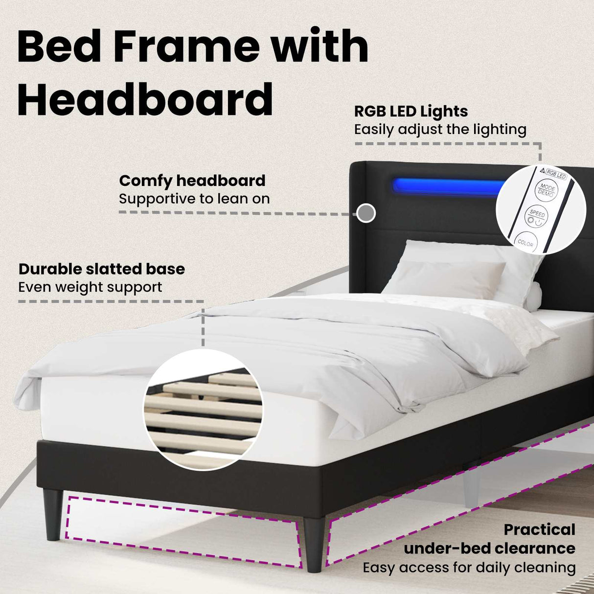Bed Frame with LED Strip Lights Black 90 x 190 cm Faux Leather