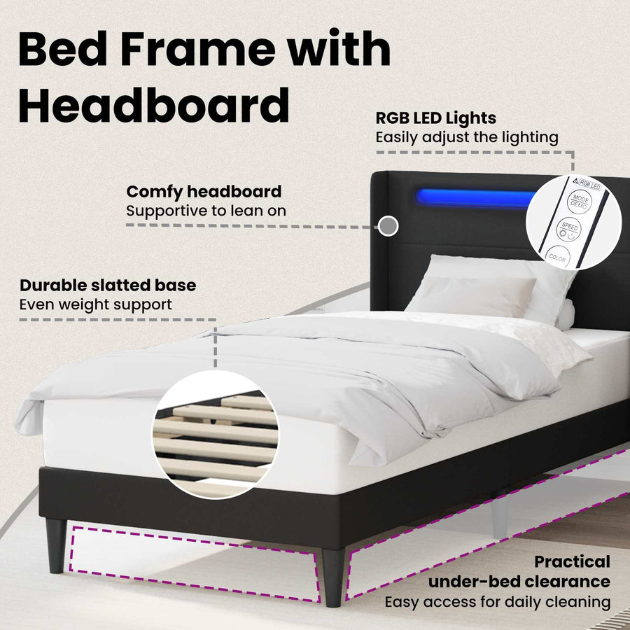Bed Frame with LED Strip Lights Black 107 x 203 cm Faux Leather
