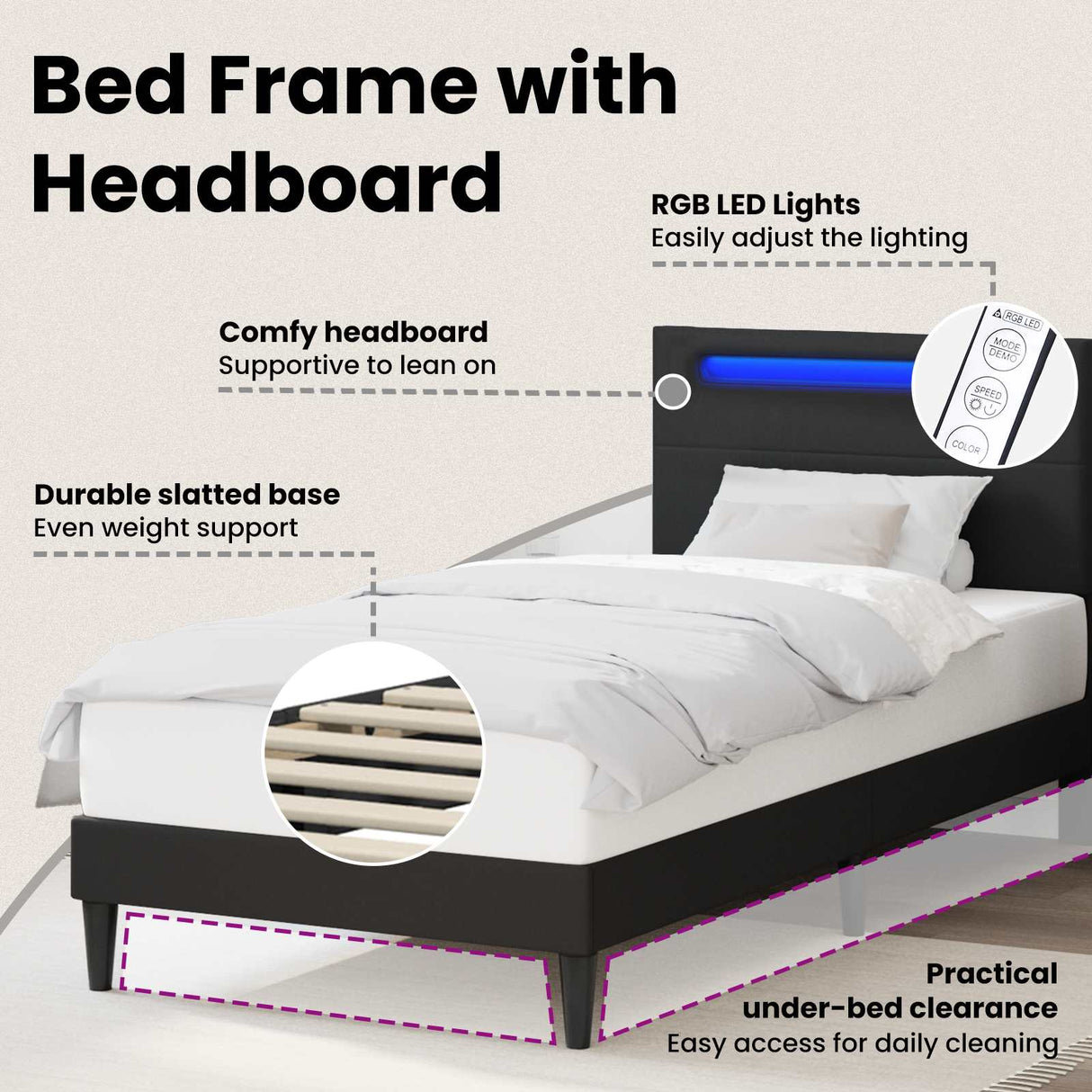 Bed Frame with LED Strip Lights Black 90 x 190 cm Faux Leather