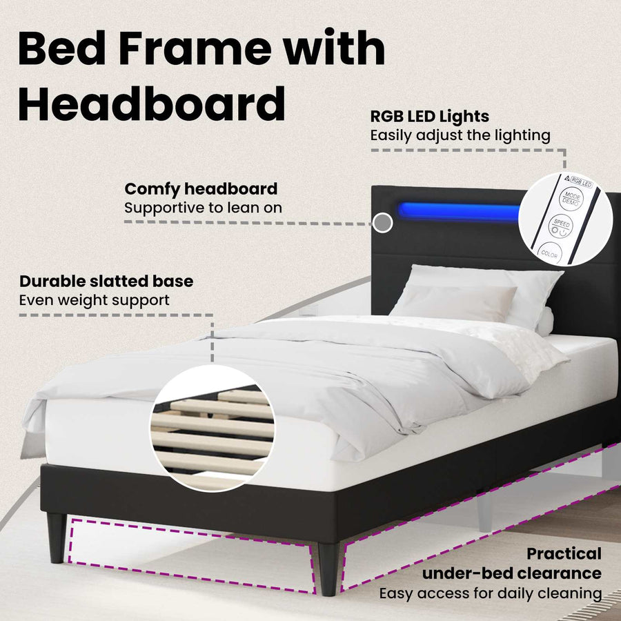 Bed Frame with LED Strip Lights Black 107 x 203 cm Faux Leather