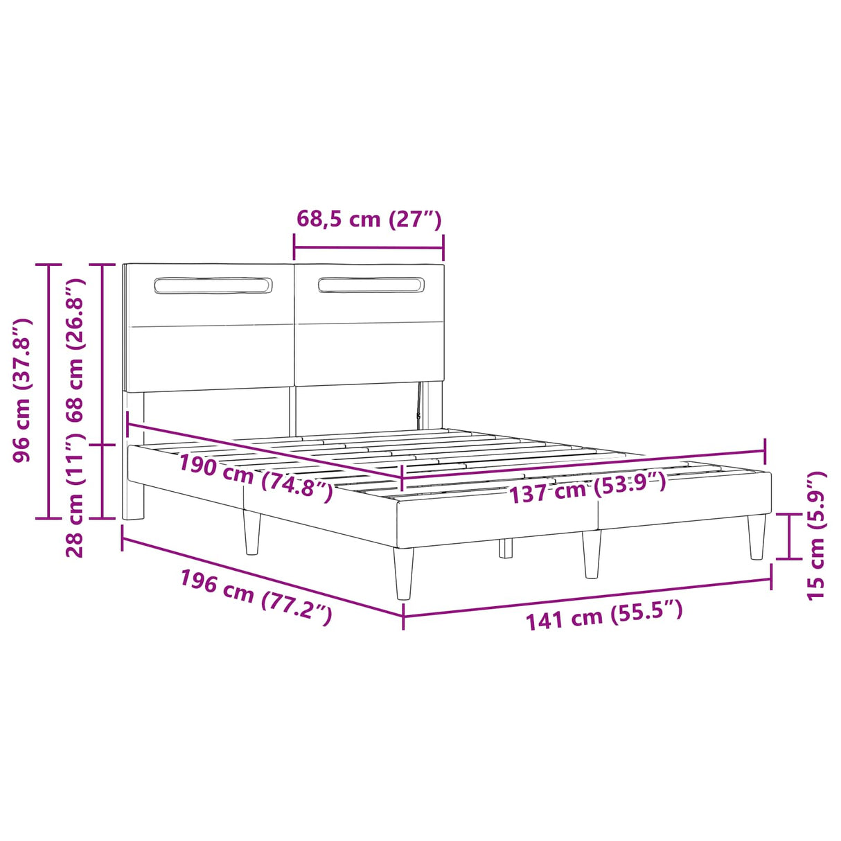 Bed Frame with LED Strip Lights Black 137 x 190 cm Faux Leather
