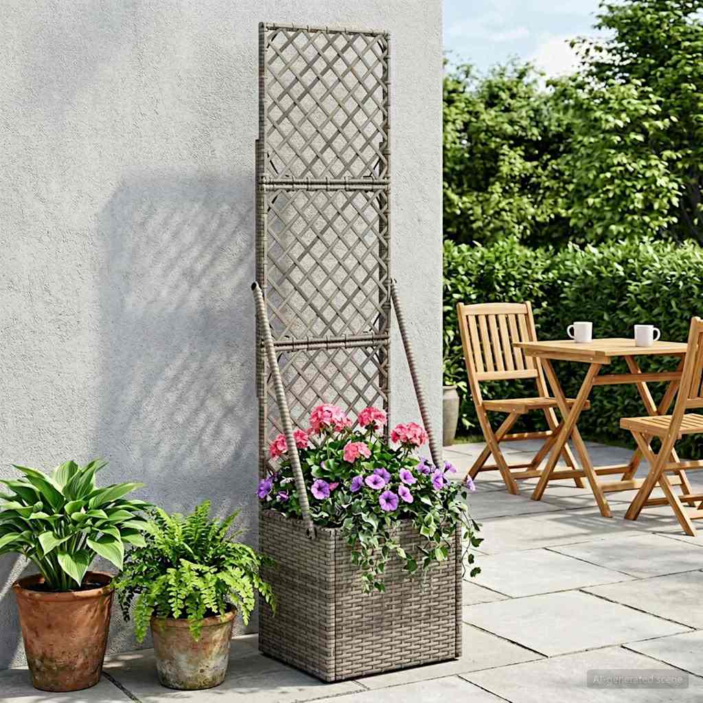 Garden Planter with Trellis Grey 35 x 30 x 135 cm Poly Rattan