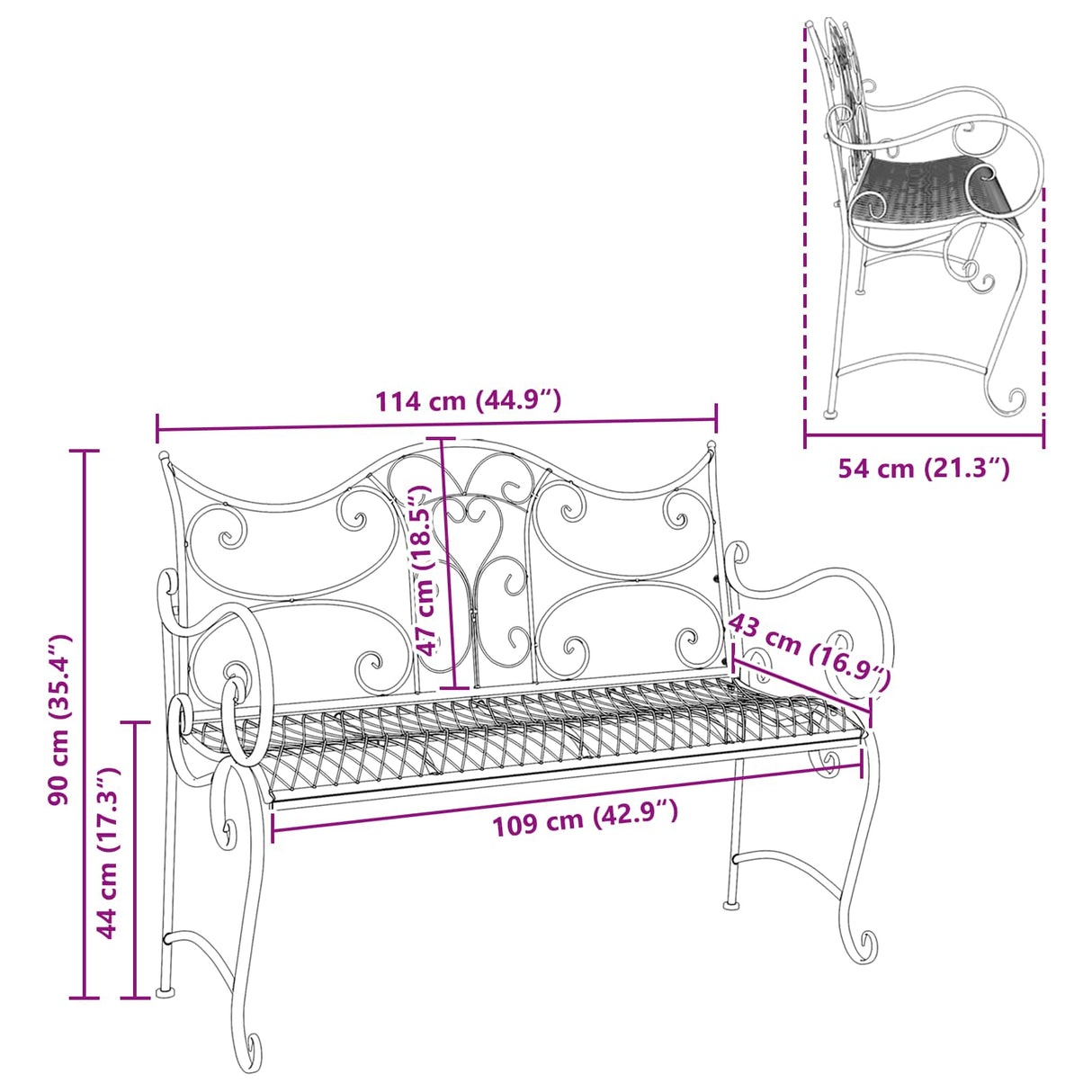 Garden Bench 2-Seater 114 x 56.5 x 90 cm Steel Silver Grey