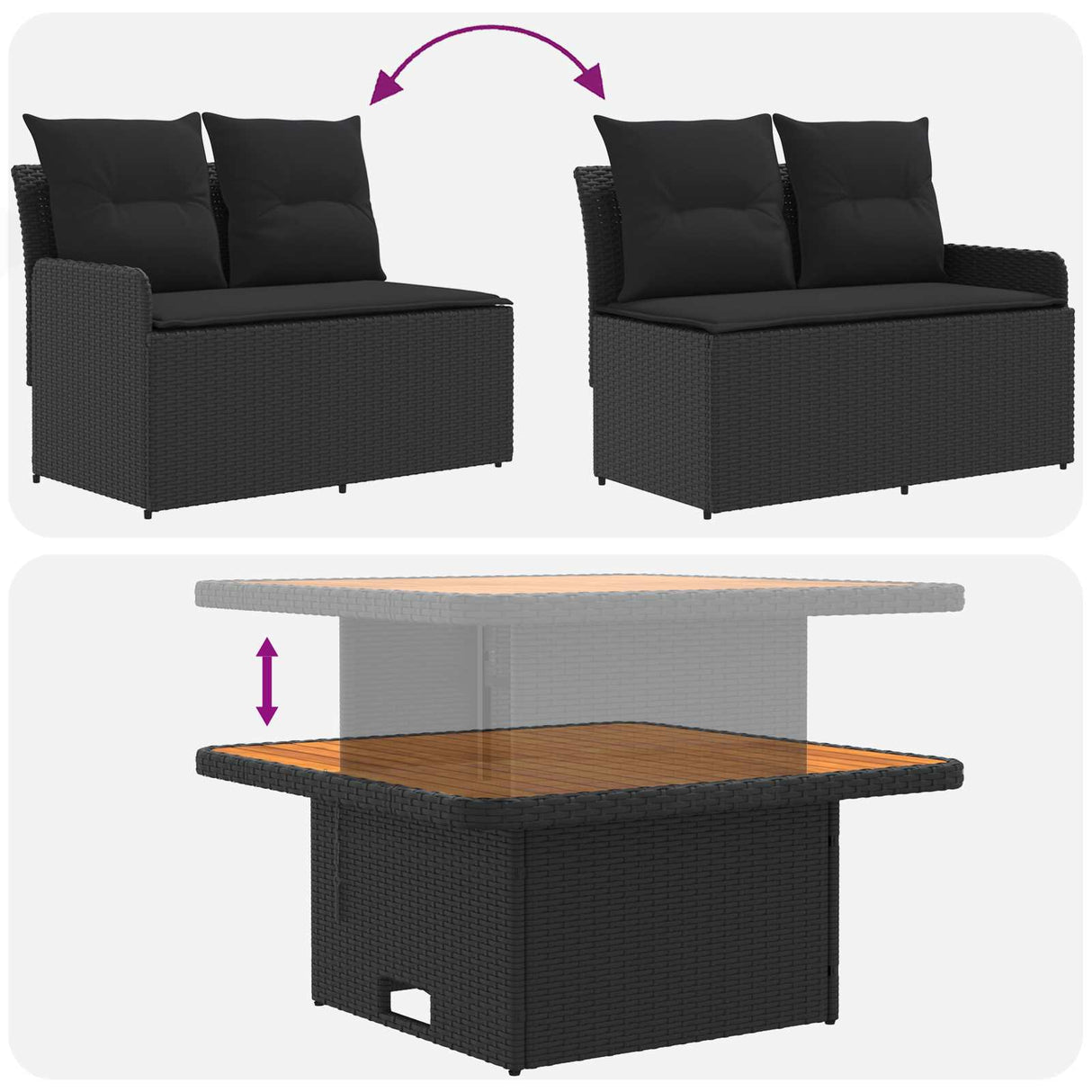 Garden Armrest Sofa with Liftup Table 2 Piece Black PE Rattan