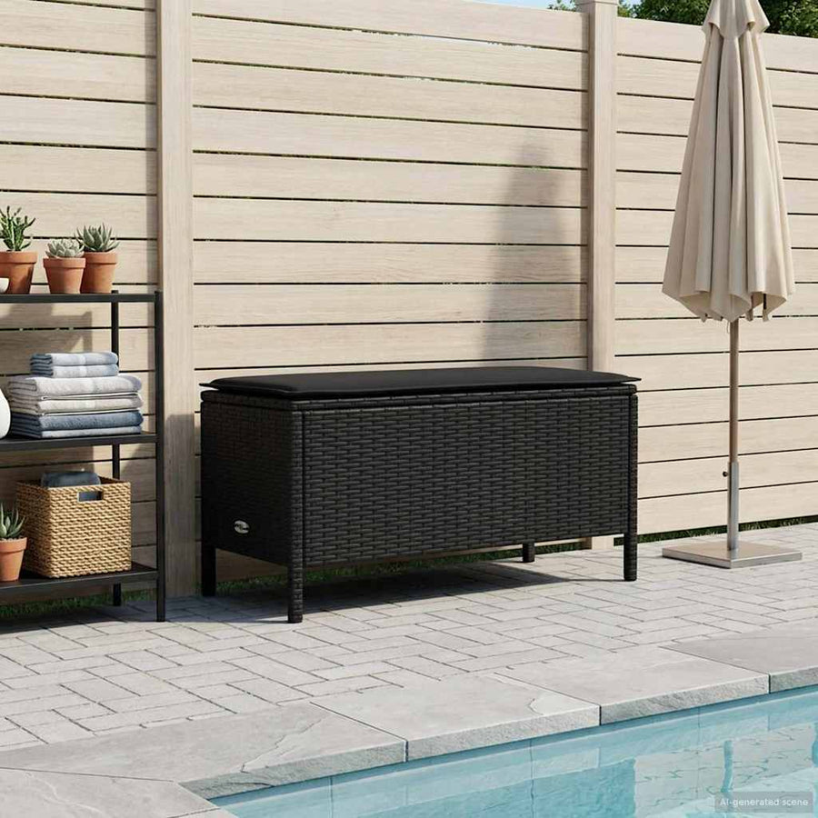Garden Footstool with Pillow Black 80 x 38 x 45 cm PE Rattan