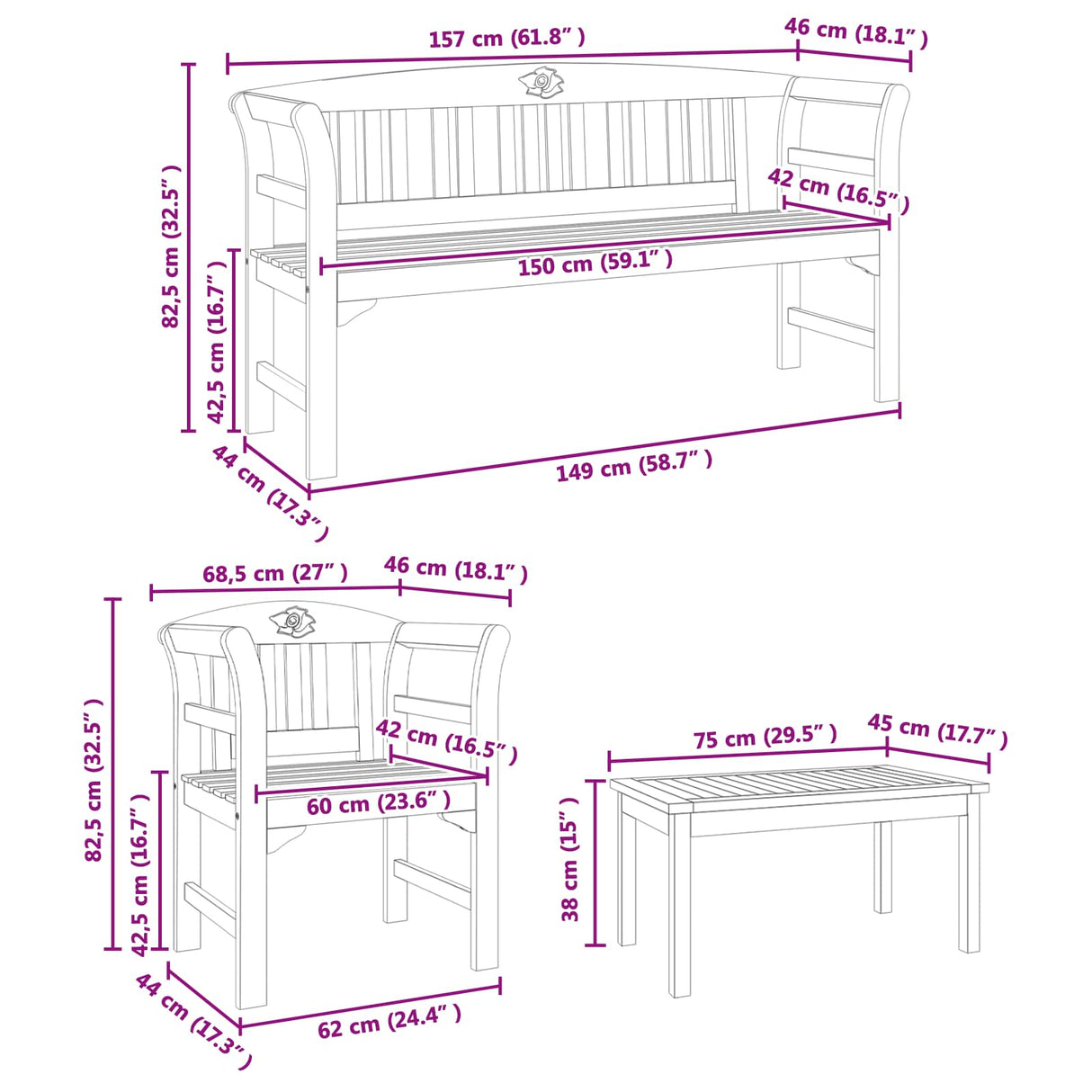 Garden Rose Lounge Set 4 pcs Solid Acacia Wood