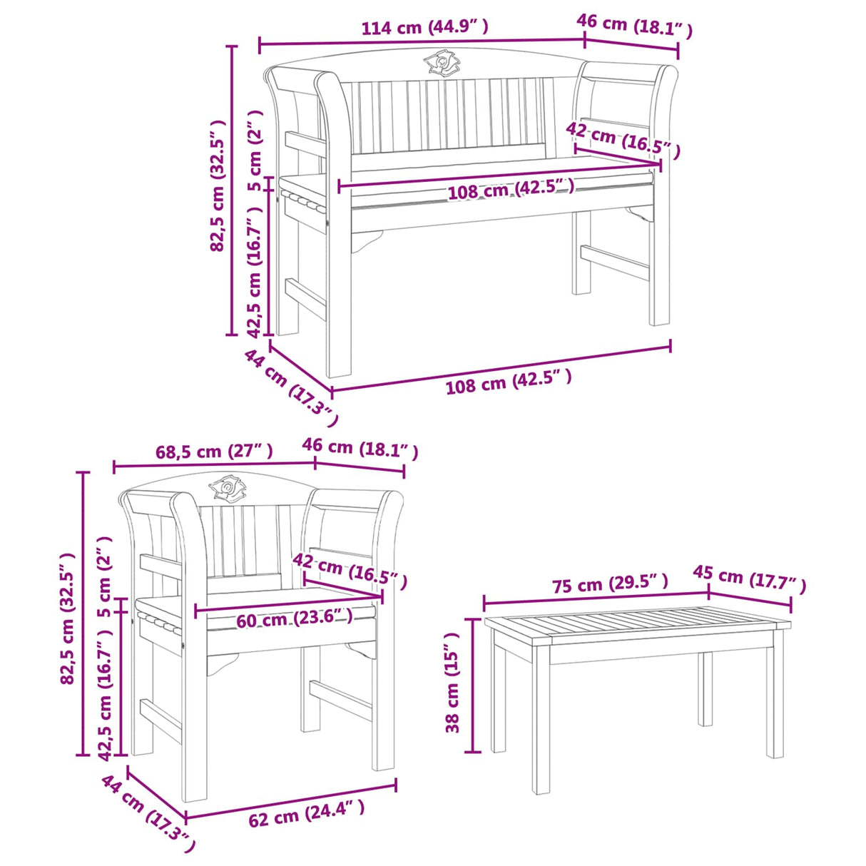 Garden Rose Lounge Set with Cushion 4 pcs Solid Acacia Wood