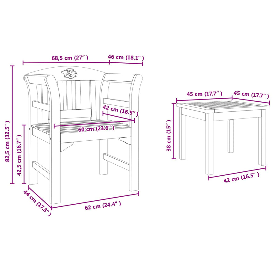 Garden Rose Lounge Set 3 pcs Solid Acacia Wood