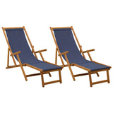 Folding Sun Lounger 2 pcs 3 Position Solid Eucalyptus Wood Blue - Front View